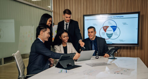 The multicultural business team engages in collaborative brainstorming sessions to develop cutting-edge strategies and new business model for achieving our sales key performance indicators (KPIs).